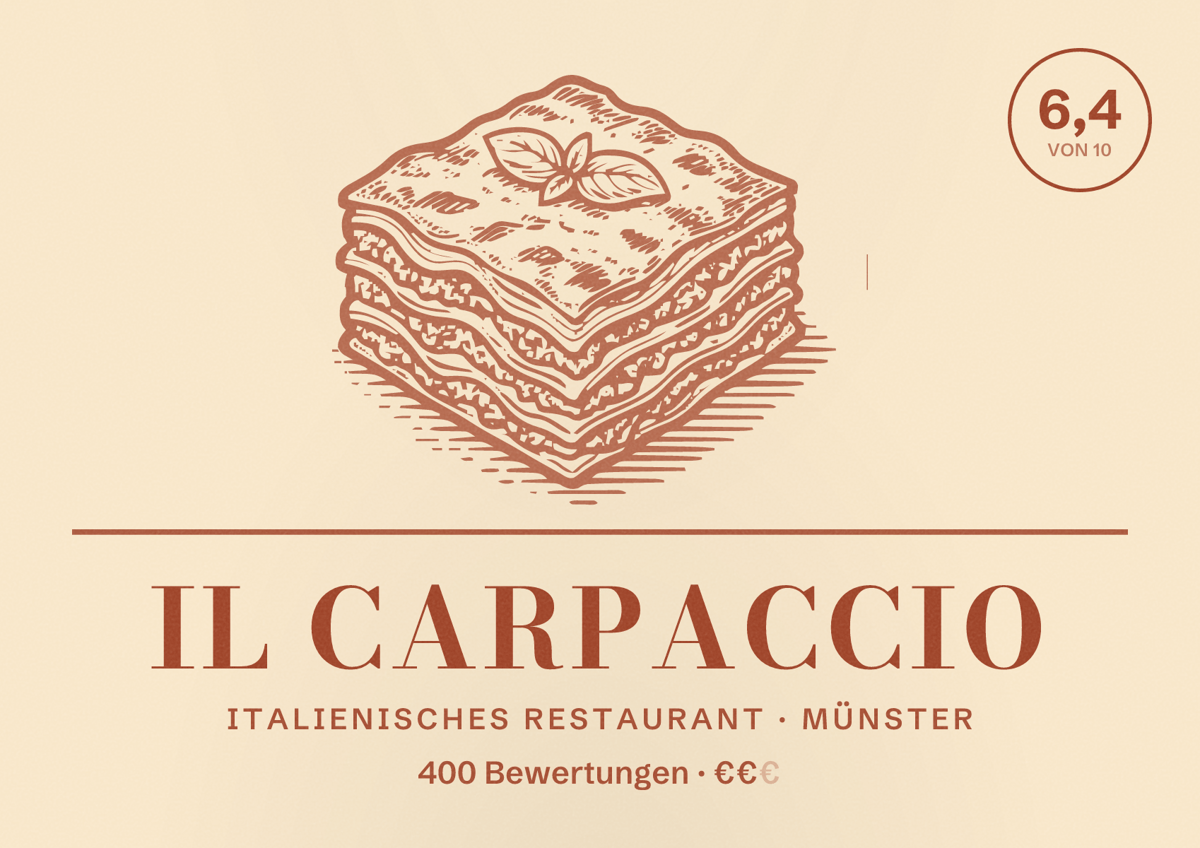 Illustriertes Poster von Il Carpaccio, Italienisches Restaurant in Münster: Bewertung 6,4 von 10 aus 400 Bewertungen, Preisniveau €€