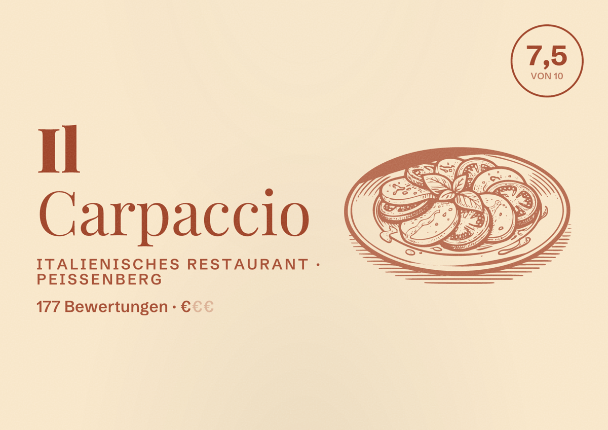 Illustriertes Poster von Il Carpaccio, Italienisches Restaurant in Peißenberg: Bewertung 7,5 von 10 aus 177 Bewertungen, Preisniveau €