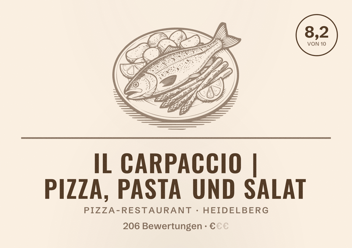 Illustriertes Poster von Il Carpaccio | Pizza, Pasta und Salat, Pizza-Restaurant in Heidelberg: Bewertung 8,2 von 10 aus 206 Bewertungen, Preisniveau €