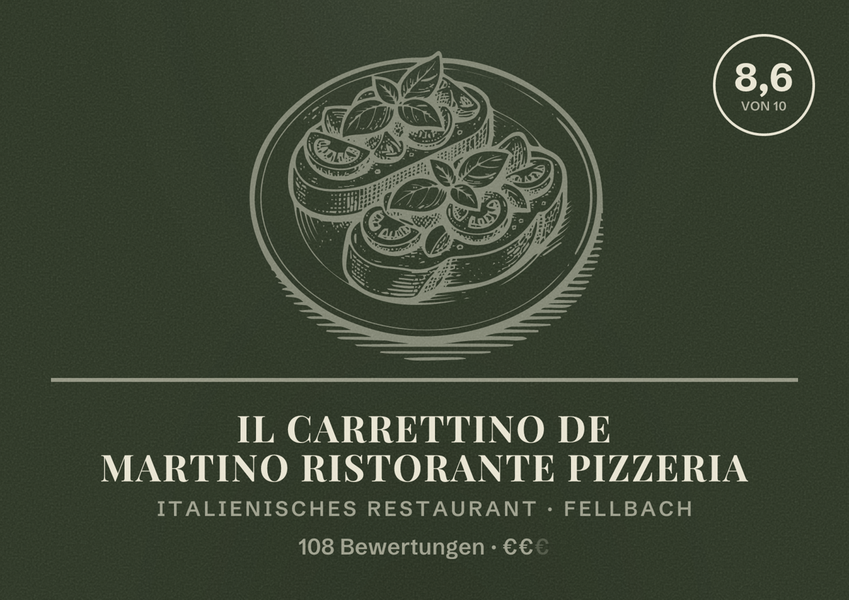 Illustriertes Poster von Il Carrettino de Martino Ristorante Pizzeria, Italienisches Restaurant in Fellbach: Bewertung 8,6 von 10 aus 108 Bewertungen, Preisniveau €€