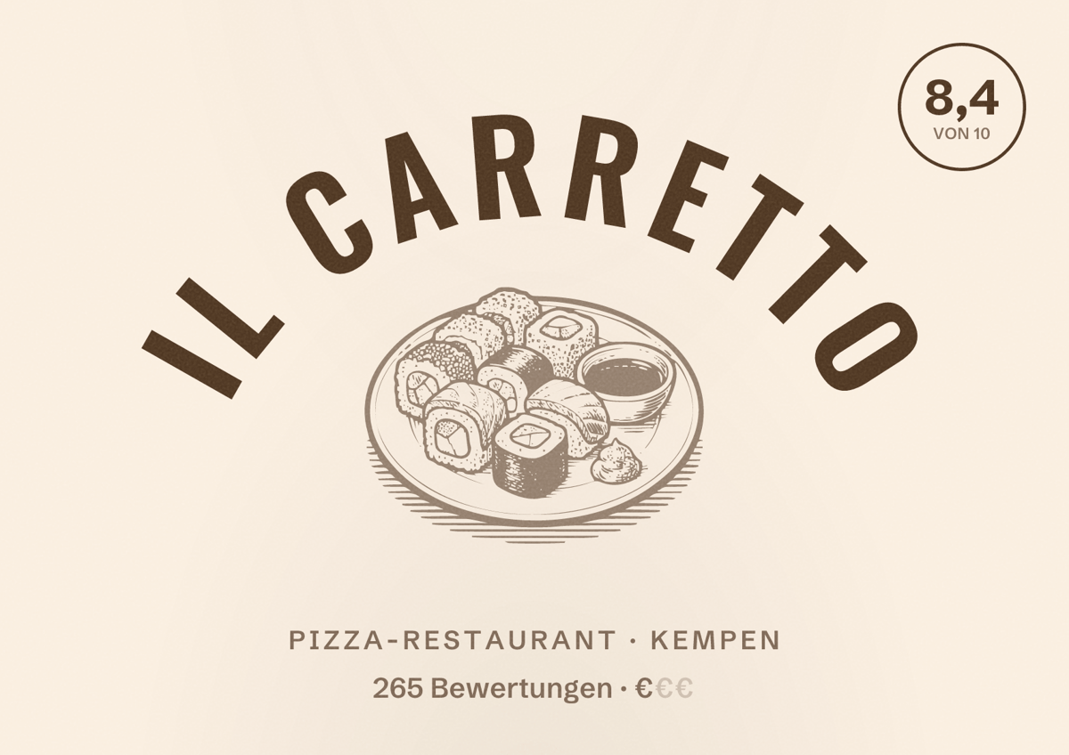 Illustriertes Poster von Il Carretto, Pizza-Restaurant in Kempen: Bewertung 8,4 von 10 aus 265 Bewertungen, Preisniveau €