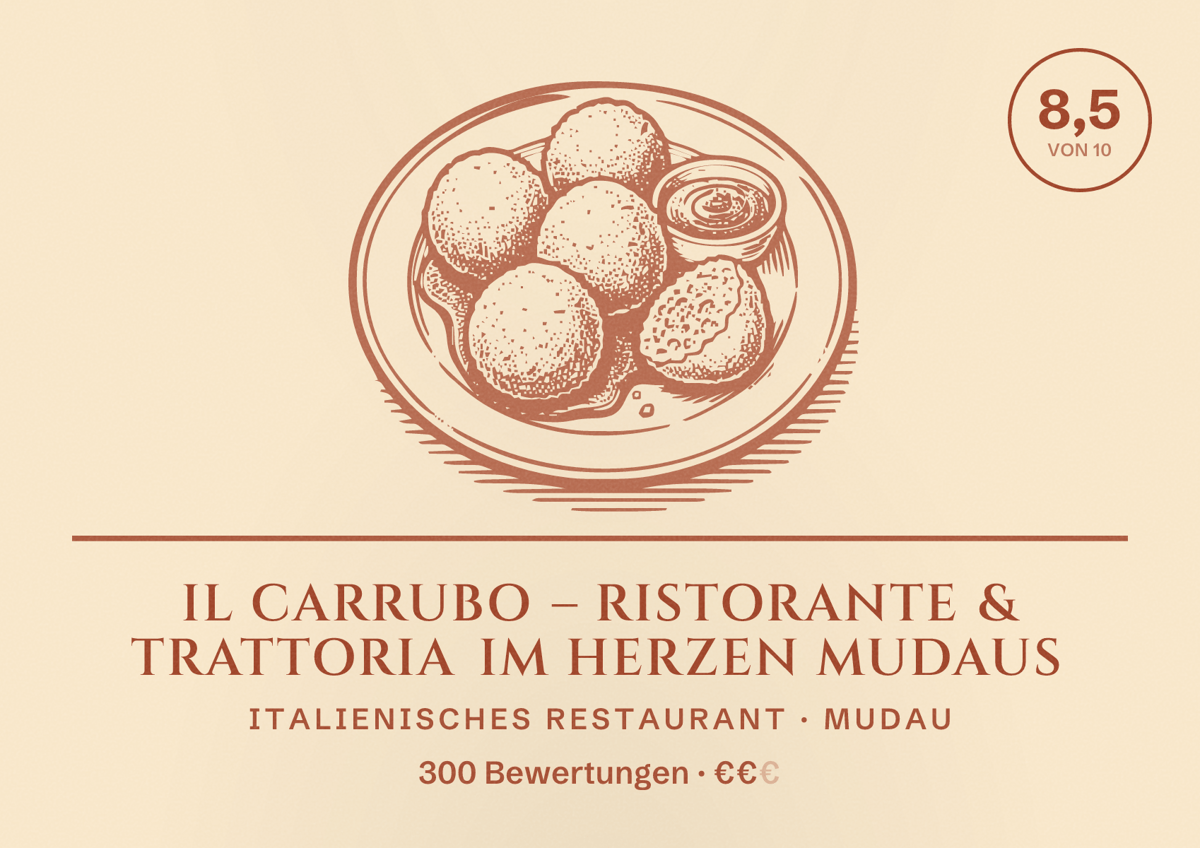 Illustriertes Poster von Il Carrubo – Ristorante & Trattoria im Herzen Mudaus, Italienisches Restaurant in Mudau: Bewertung 8,5 von 10 aus 300 Bewertungen, Preisniveau €€