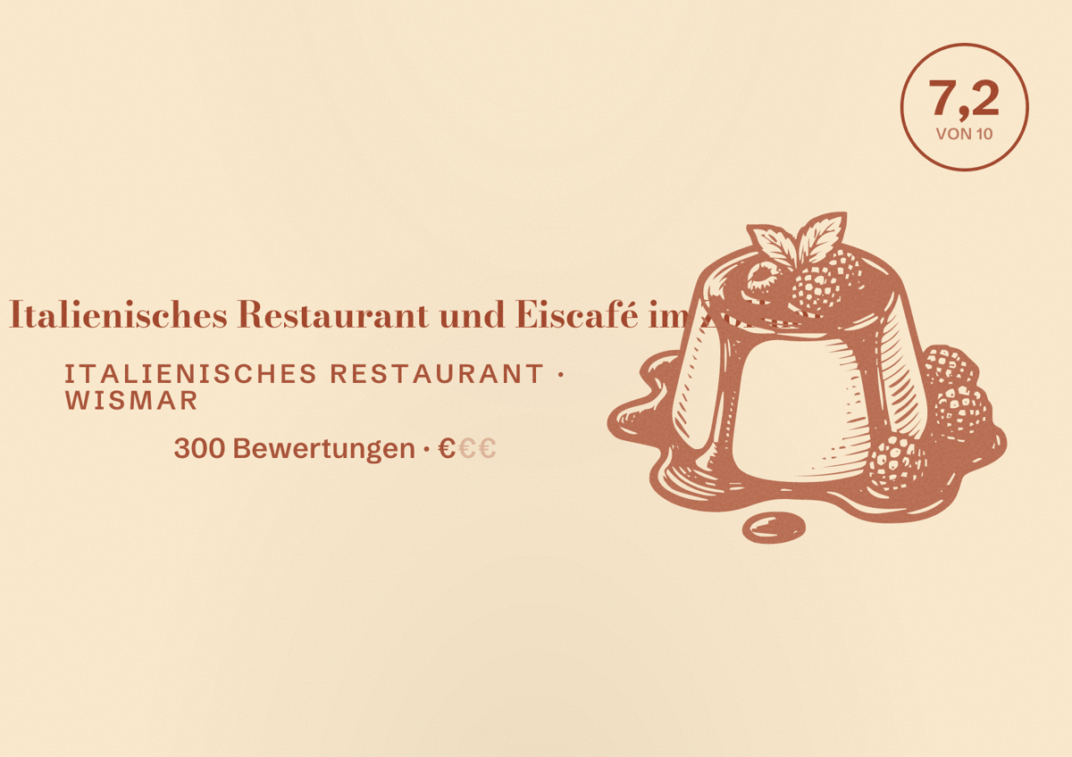 Illustriertes Poster von IL Casale | Italienisches Restaurant und Eiscafé im Zollhaus, Italienisches Restaurant in Wismar: Bewertung 7,2 von 10 aus 300 Bewertungen, Preisniveau €