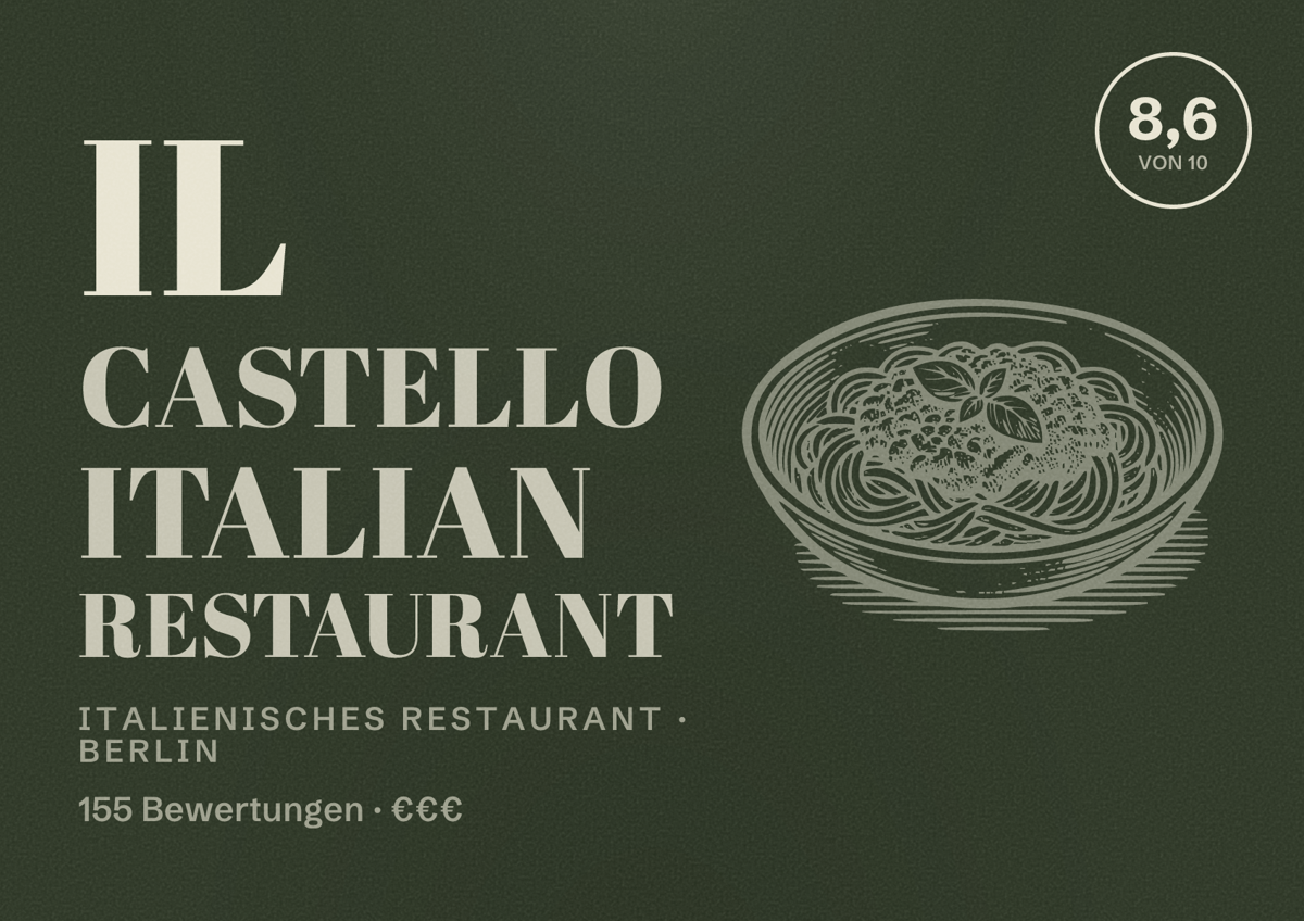 Illustriertes Poster von Il Castello Italian Restaurant, Italienisches Restaurant in Berlin: Bewertung 8,6 von 10 aus 155 Bewertungen, Preisniveau €€€