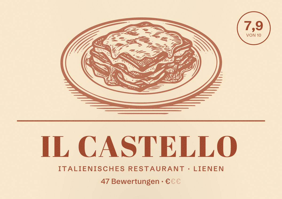 Illustriertes Poster von IL Castello, Italienisches Restaurant in Lienen: Bewertung 7,9 von 10 aus 47 Bewertungen, Preisniveau €