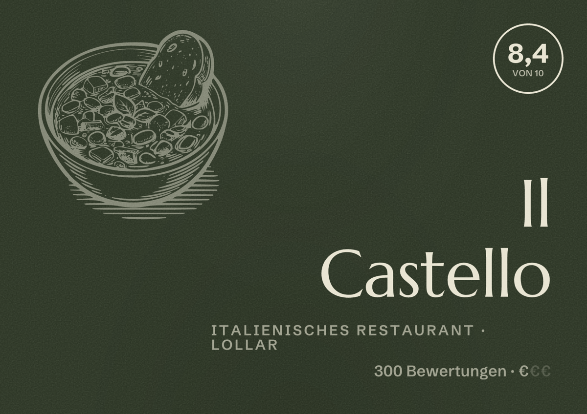 Illustriertes Poster von Il Castello, Italienisches Restaurant in Lollar: Bewertung 8,4 von 10 aus 300 Bewertungen, Preisniveau €