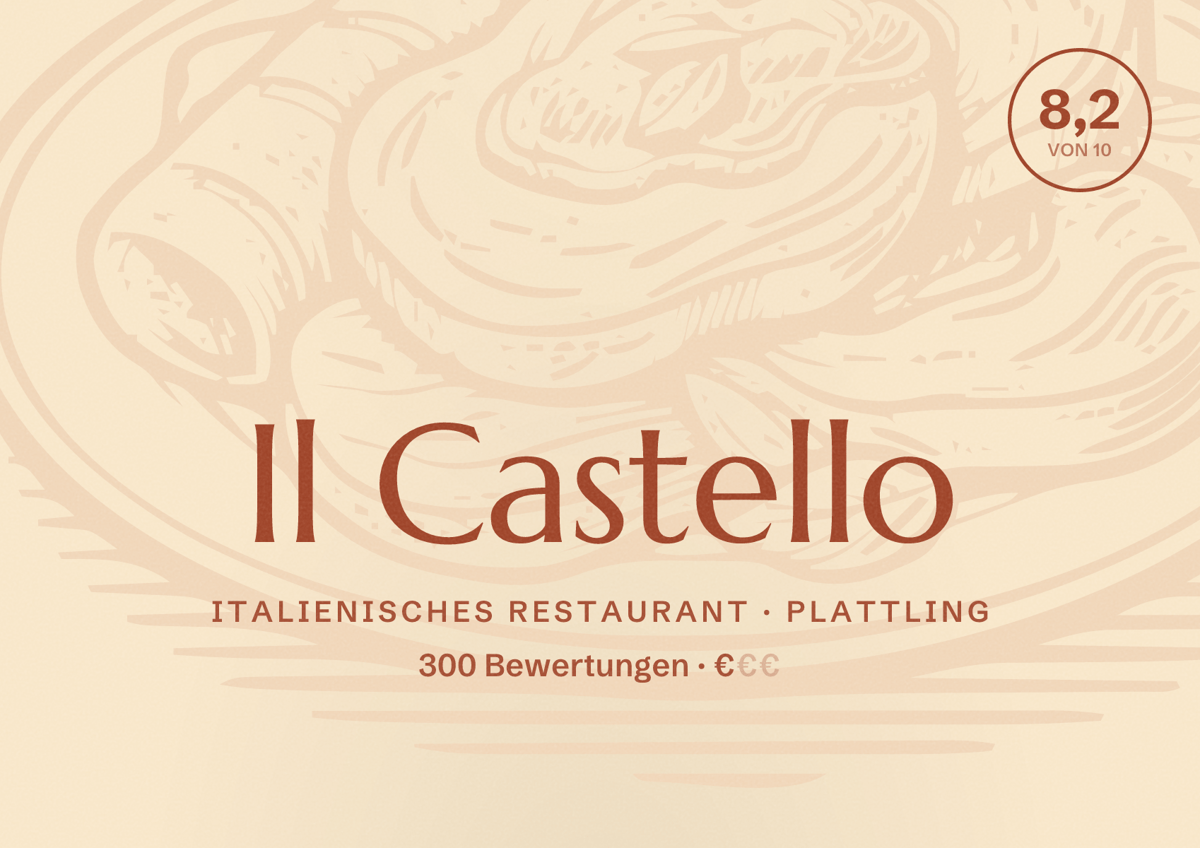 Illustriertes Poster von Il Castello, Italienisches Restaurant in Plattling: Bewertung 8,2 von 10 aus 300 Bewertungen, Preisniveau €