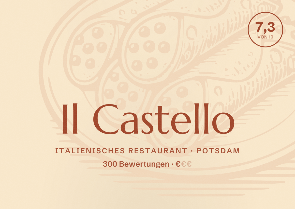 Illustriertes Poster von Il Castello, Italienisches Restaurant in Potsdam: Bewertung 7,3 von 10 aus 300 Bewertungen, Preisniveau €
