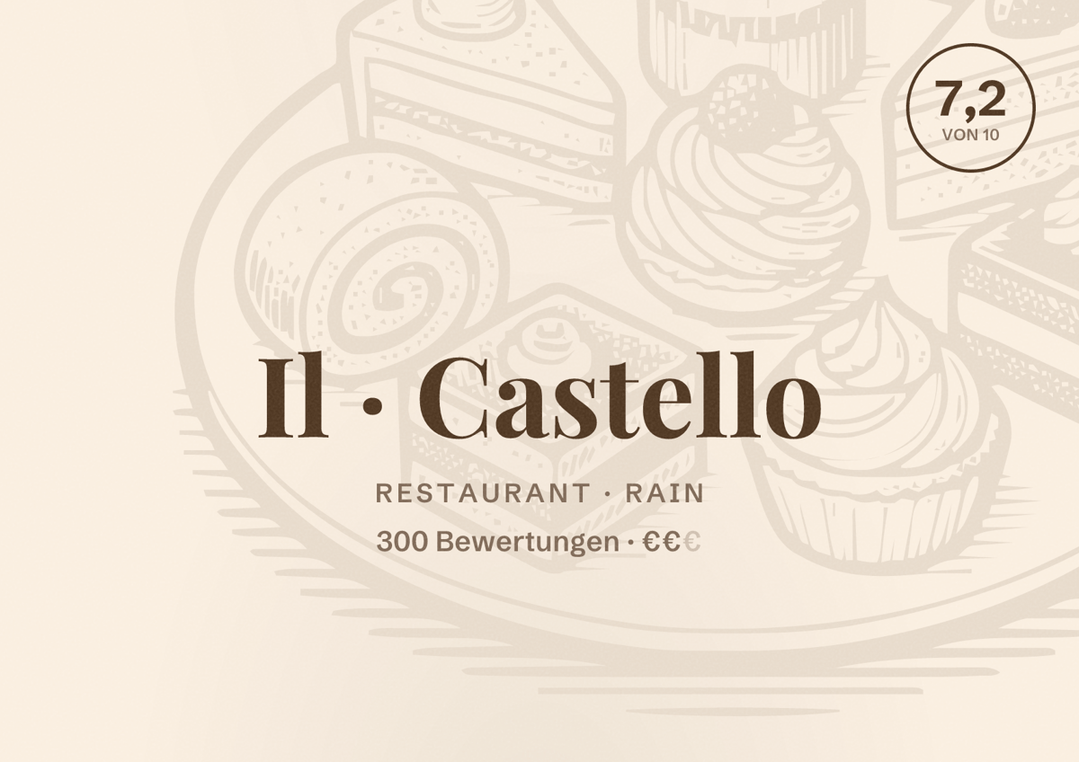 Illustriertes Poster von Il Castello, Restaurant in Rain: Bewertung 7,2 von 10 aus 300 Bewertungen, Preisniveau €€