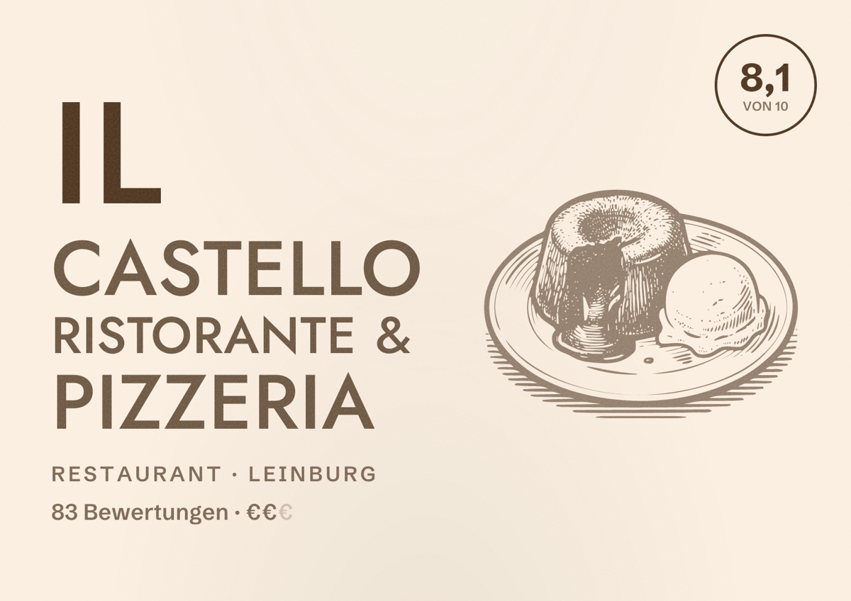 Illustriertes Poster von Il Castello Ristorante & Pizzeria, Restaurant in Leinburg: Bewertung 8,1 von 10 aus 83 Bewertungen, Preisniveau €€