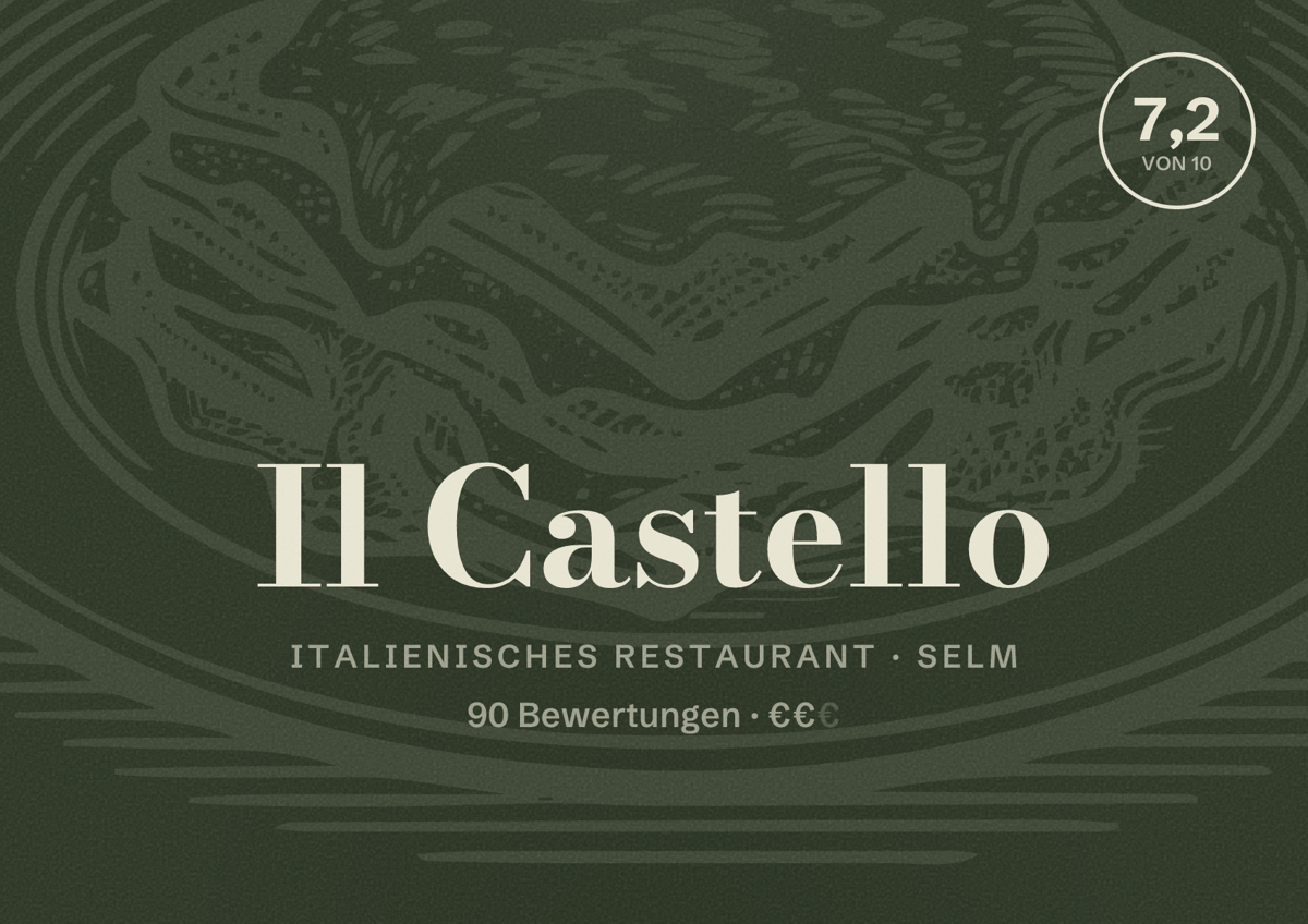 Illustriertes Poster von Il Castello, Italienisches Restaurant in Selm: Bewertung 7,2 von 10 aus 90 Bewertungen, Preisniveau €€