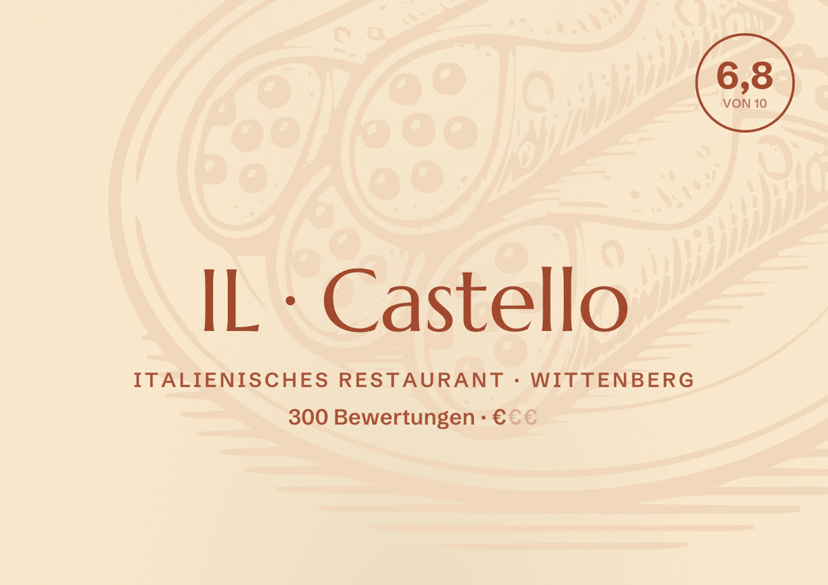 Illustriertes Poster von IL Castello, Italienisches Restaurant in Wittenberg: Bewertung 6,8 von 10 aus 300 Bewertungen, Preisniveau €