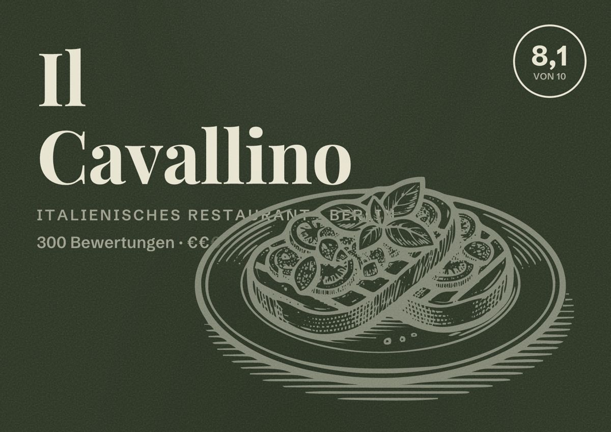 Illustriertes Poster von Il Cavallino, Italienisches Restaurant in Berlin: Bewertung 8,1 von 10 aus 300 Bewertungen, Preisniveau €€