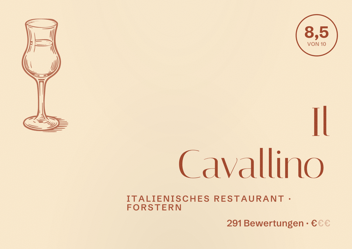 Illustriertes Poster von Il Cavallino, Italienisches Restaurant in Forstern: Bewertung 8,5 von 10 aus 291 Bewertungen, Preisniveau €