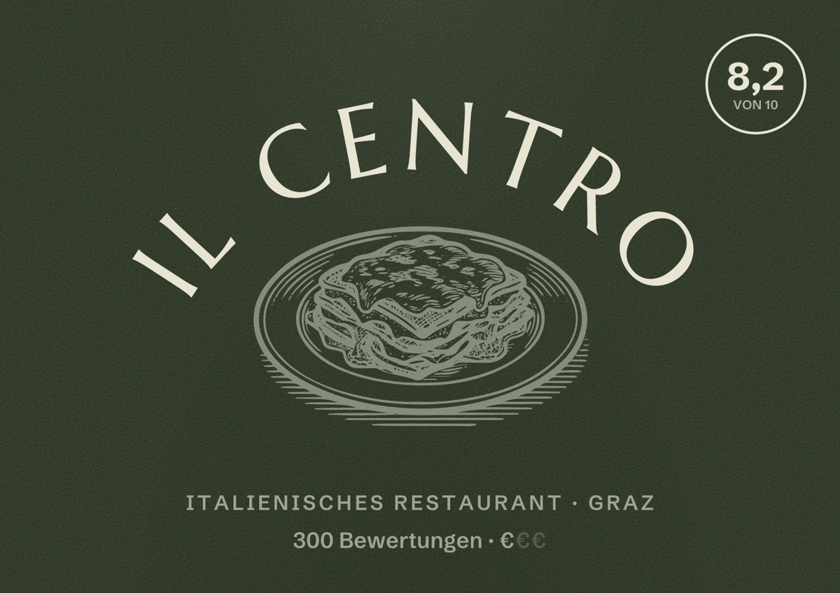 Illustriertes Poster von Il Centro, Italienisches Restaurant in Graz: Bewertung 8,2 von 10 aus 300 Bewertungen, Preisniveau €