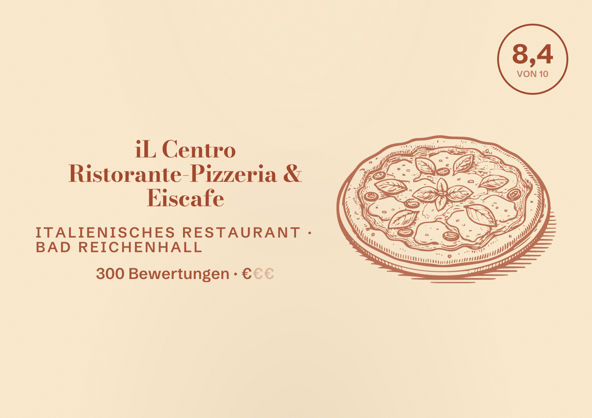 Illustriertes Poster von iL Centro Ristorante-Pizzeria & Eiscafe, Italienisches Restaurant in Bad Reichenhall: Bewertung 8,4 von 10 aus 300 Bewertungen, Preisniveau €