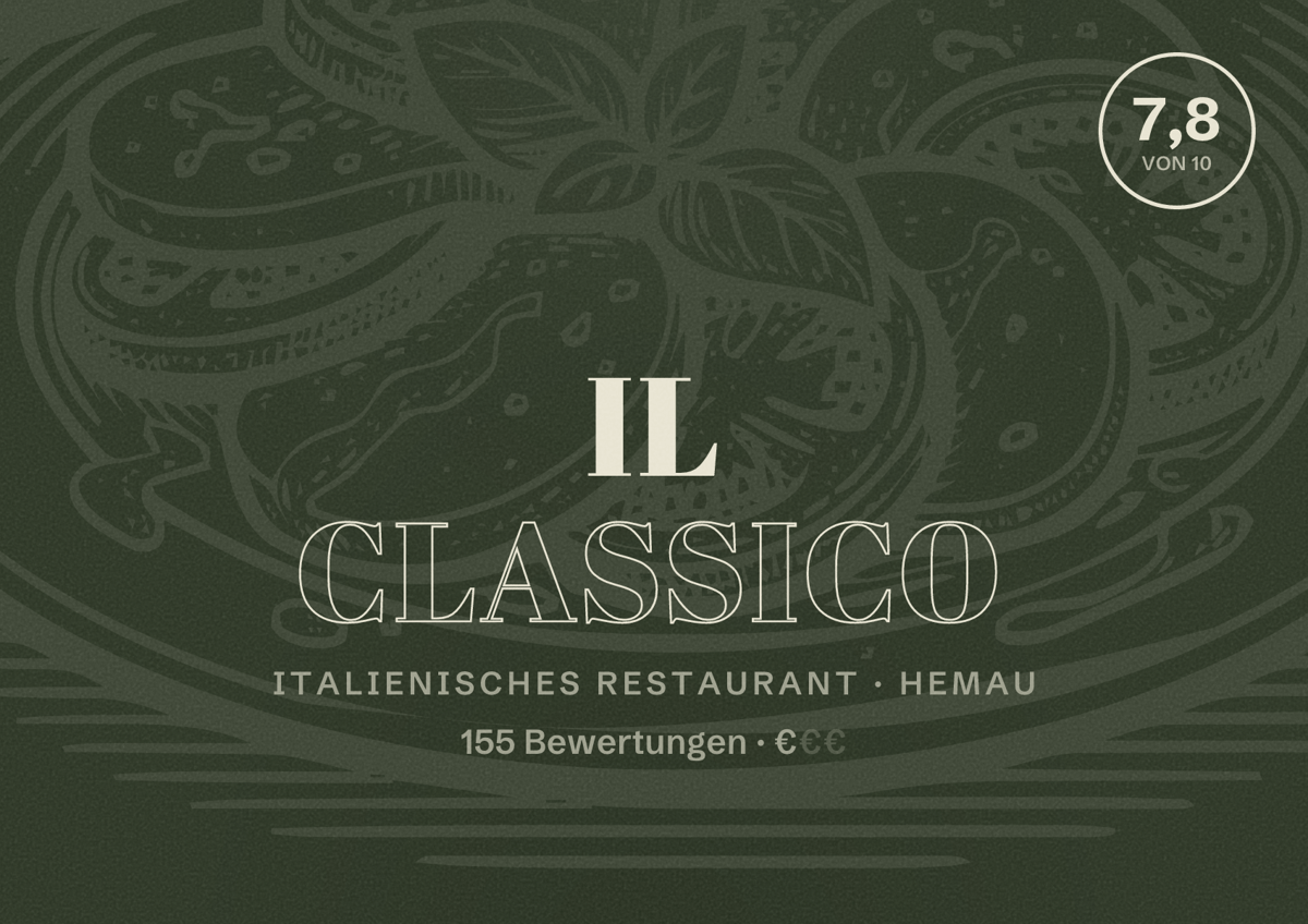 Illustriertes Poster von Il Classico, Italienisches Restaurant in Hemau: Bewertung 7,8 von 10 aus 155 Bewertungen, Preisniveau €