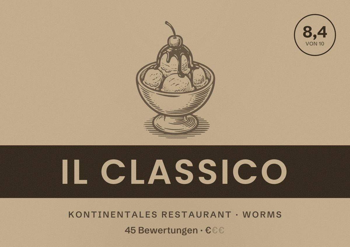 Illustriertes Poster von Il Classico, Kontinentales Restaurant in Worms: Bewertung 8,4 von 10 aus 45 Bewertungen, Preisniveau €