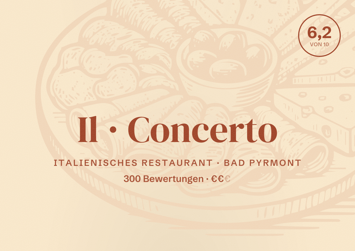 Illustriertes Poster von Il Concerto, Italienisches Restaurant in Bad Pyrmont: Bewertung 6,2 von 10 aus 300 Bewertungen, Preisniveau €€