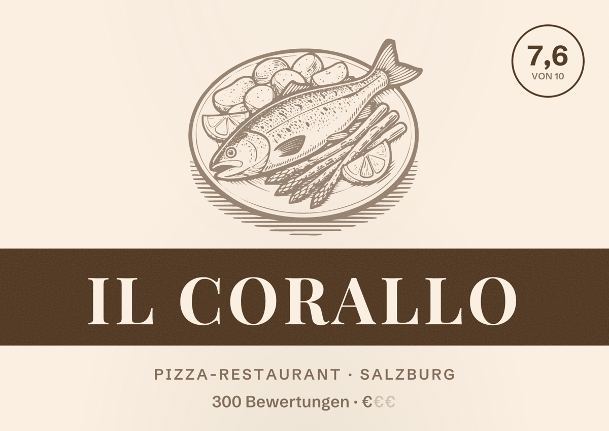 Illustriertes Poster von Il Corallo, Pizza-Restaurant in Salzburg: Bewertung 7,6 von 10 aus 300 Bewertungen, Preisniveau €
