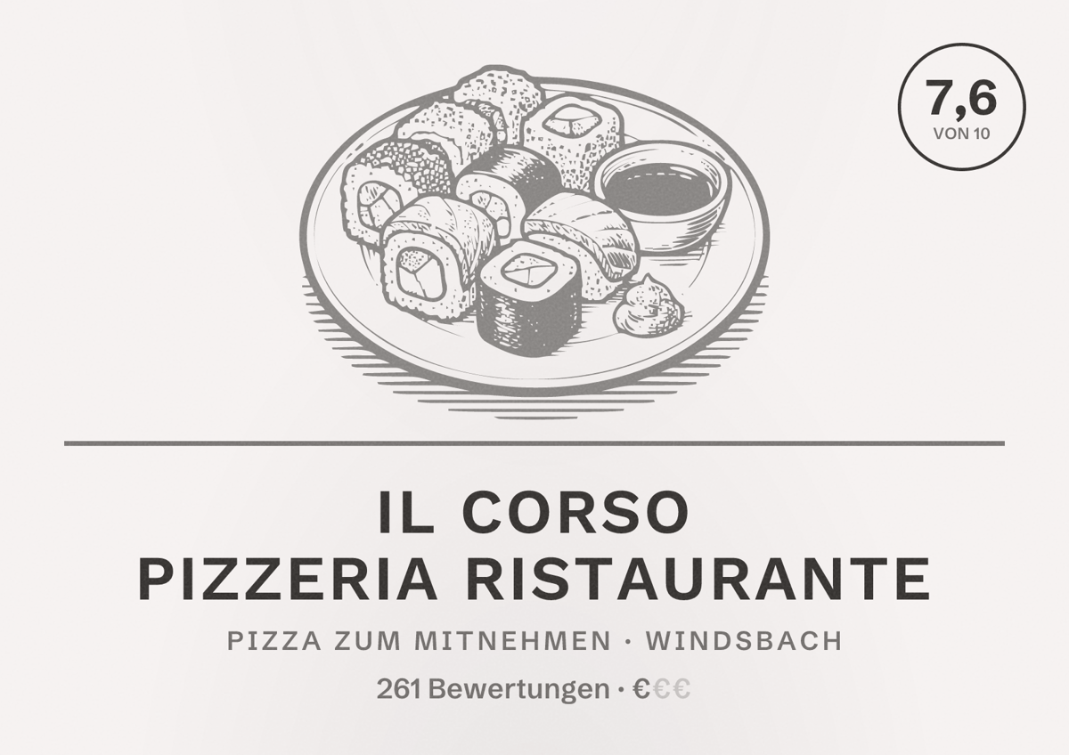 Illustriertes Poster von Il Corso Pizzeria Ristaurante, Pizza zum Mitnehmen in Windsbach: Bewertung 7,6 von 10 aus 261 Bewertungen, Preisniveau €