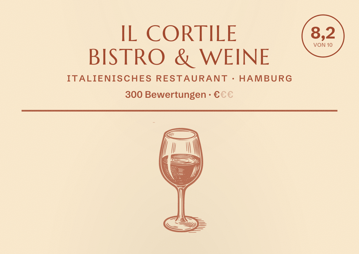 Illustriertes Poster von Il Cortile Bistro & Weine, Italienisches Restaurant in Hamburg: Bewertung 8,2 von 10 aus 300 Bewertungen, Preisniveau €