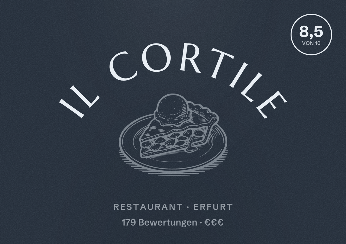 Illustriertes Poster von Il Cortile, Restaurant in Erfurt: Bewertung 8,5 von 10 aus 179 Bewertungen, Preisniveau €€€