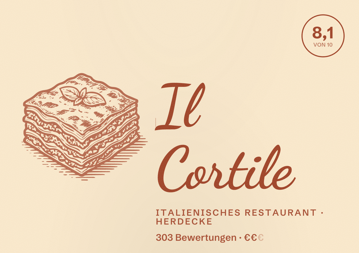 Illustriertes Poster von Il Cortile, Italienisches Restaurant in Herdecke: Gästebewertung 8,1 von 10 aus 303 Bewertungen