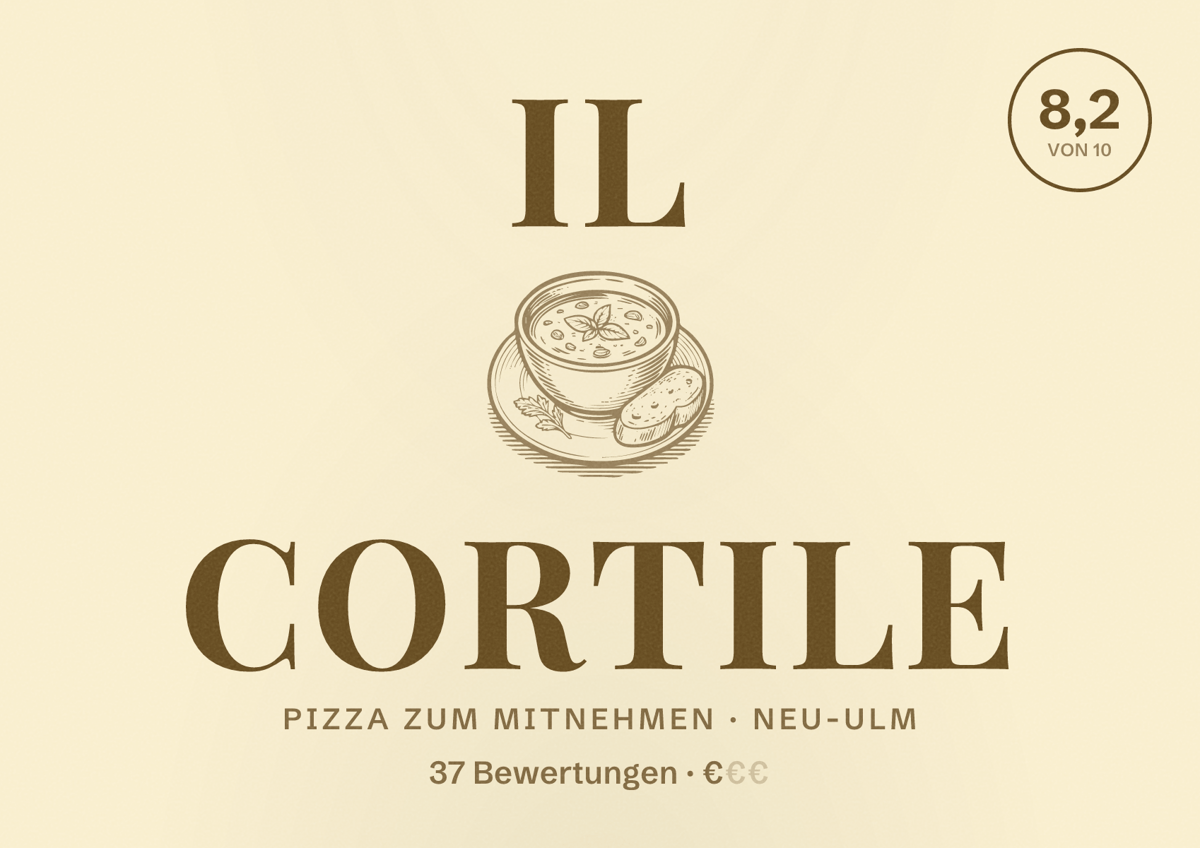 Illustriertes Poster von Il Cortile, Pizza zum Mitnehmen in Neu-Ulm: Bewertung 8,2 von 10 aus 37 Bewertungen, Preisniveau €