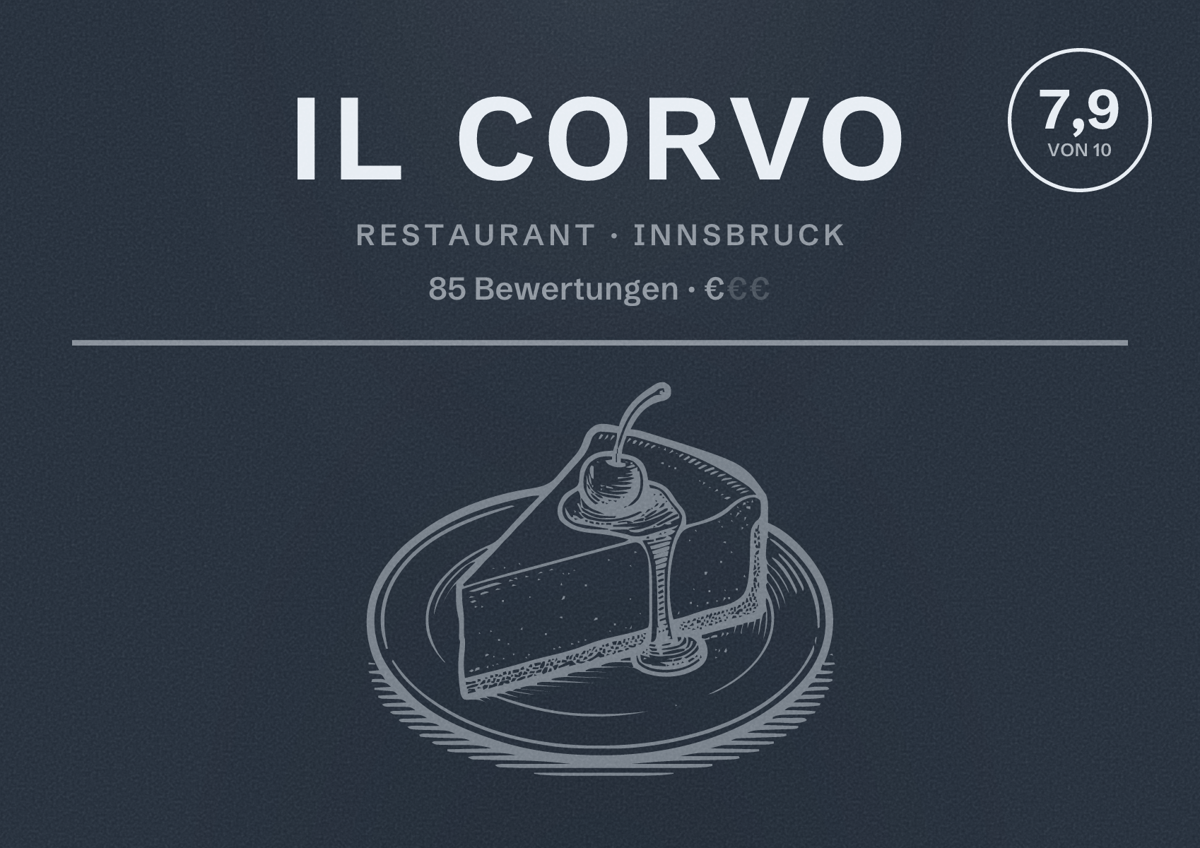 Illustriertes Poster von Il Corvo, Restaurant in Innsbruck: Bewertung 7,9 von 10 aus 85 Bewertungen, Preisniveau €