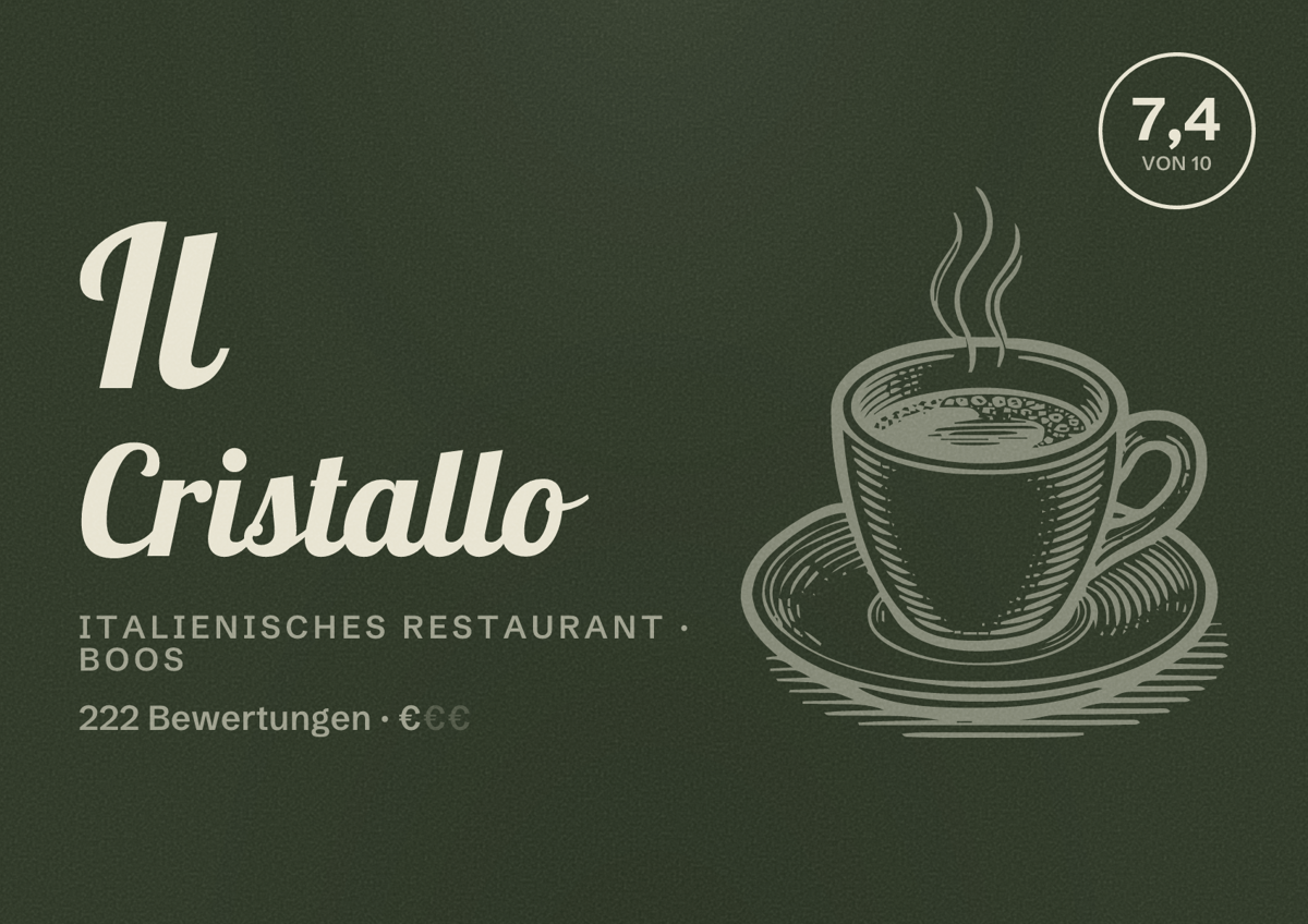 Illustriertes Poster von Il Cristallo, Italienisches Restaurant in Boos: Bewertung 7,4 von 10 aus 222 Bewertungen, Preisniveau €