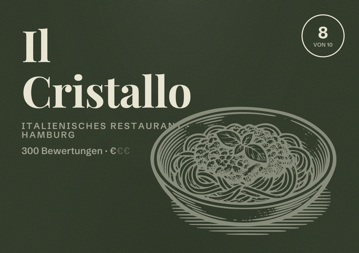 Illustriertes Poster von Il Cristallo, Italienisches Restaurant in Hamburg: Bewertung 8 von 10 aus 300 Bewertungen, Preisniveau €
