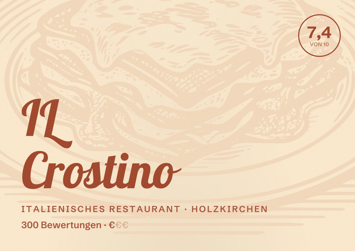 Illustriertes Poster von IL Crostino, Italienisches Restaurant in Holzkirchen: Bewertung 7,4 von 10 aus 300 Bewertungen, Preisniveau €