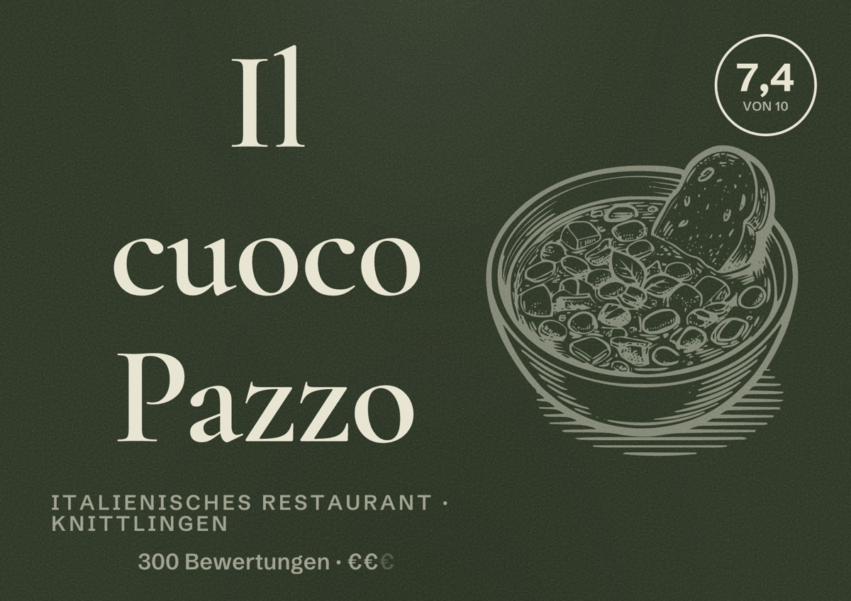 Illustriertes Poster von Il cuoco Pazzo, Italienisches Restaurant in Knittlingen: Bewertung 7,4 von 10 aus 300 Bewertungen, Preisniveau €€