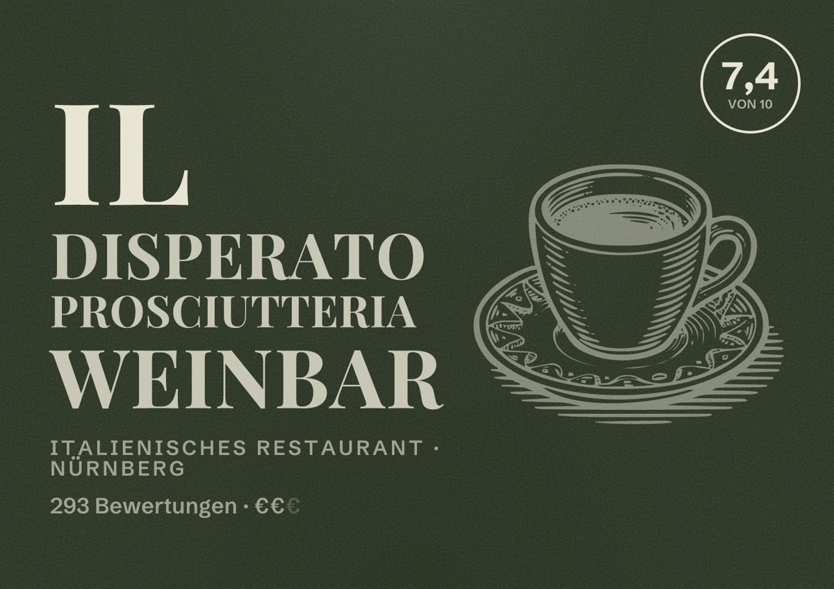 Illustriertes Poster von Il Disperato Prosciutteria Weinbar, Italienisches Restaurant in Nürnberg: Bewertung 7,4 von 10 aus 293 Bewertungen, Preisniveau €€