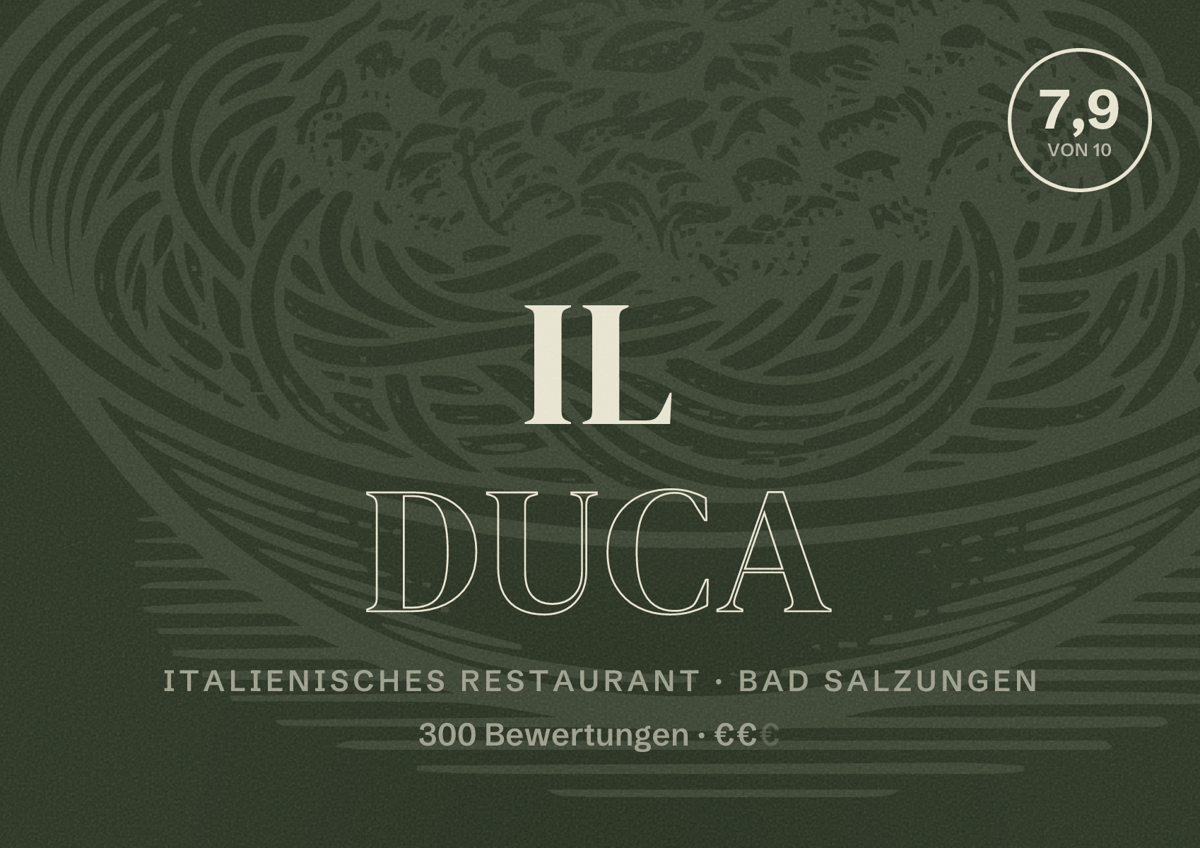 Illustriertes Poster von Il Duca, Italienisches Restaurant in Bad Salzungen: Bewertung 7,9 von 10 aus 300 Bewertungen, Preisniveau €€