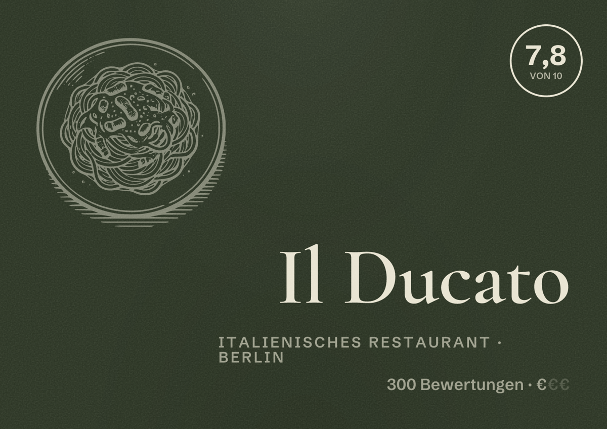 Illustriertes Poster von Il Ducato, Italienisches Restaurant in Berlin: Bewertung 7,8 von 10 aus 300 Bewertungen, Preisniveau €