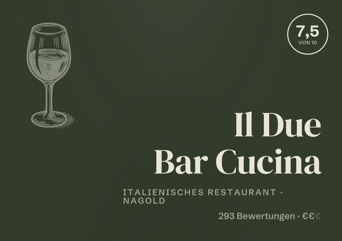 Illustriertes Poster von Il Due Bar Cucina, Italienisches Restaurant in Nagold: Bewertung 7,5 von 10 aus 293 Bewertungen, Preisniveau €€