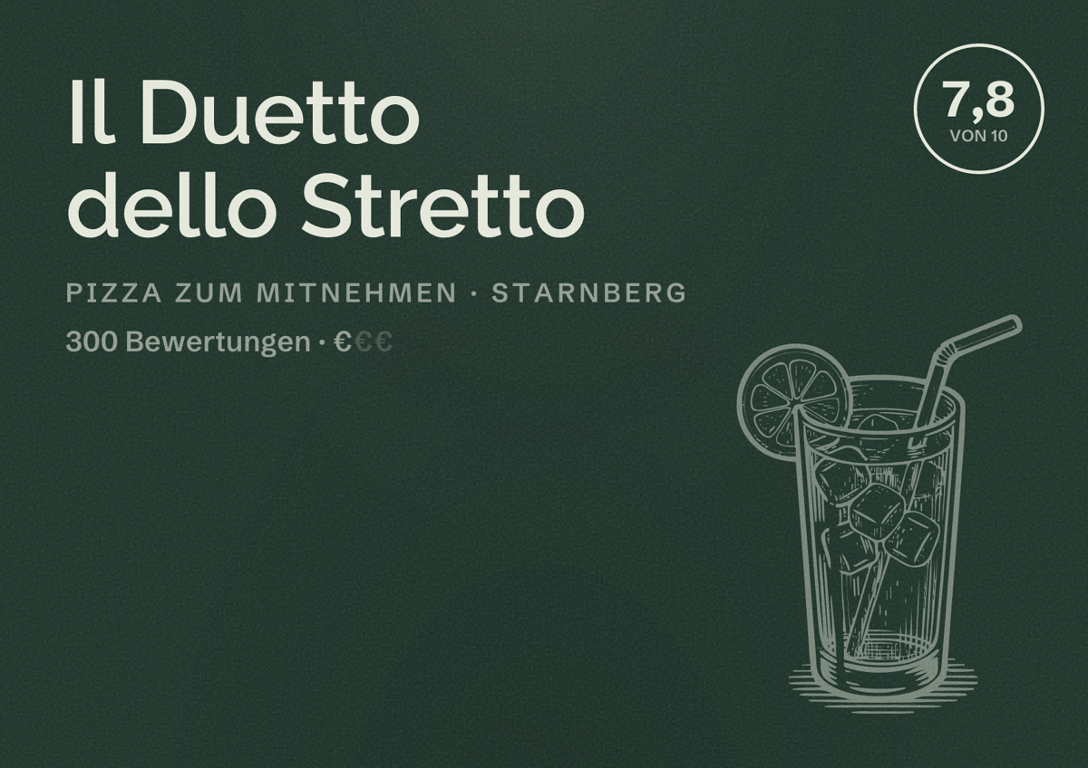 Illustriertes Poster von Il Duetto dello Stretto, Pizza zum Mitnehmen in Starnberg: Bewertung 7,8 von 10 aus 300 Bewertungen, Preisniveau €