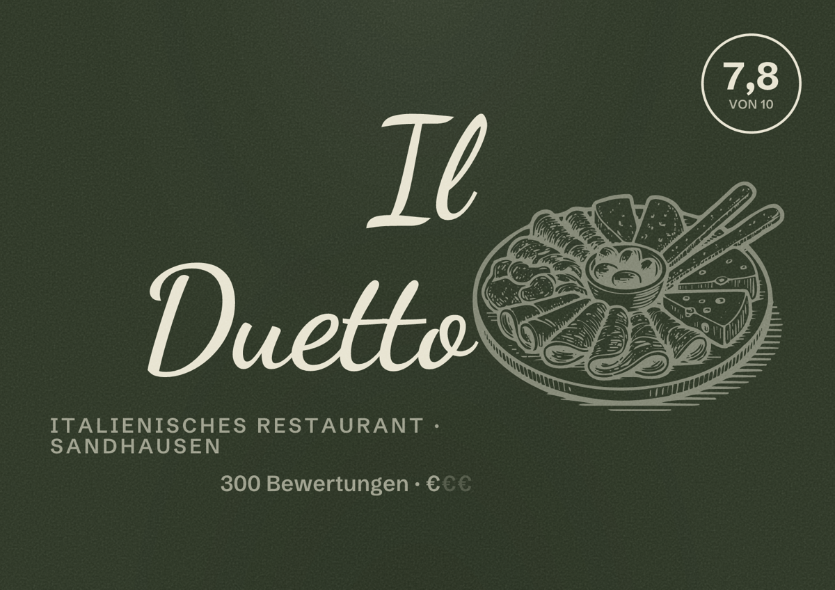 Illustriertes Poster von Il Duetto, Italienisches Restaurant in Sandhausen: Bewertung 7,8 von 10 aus 300 Bewertungen, Preisniveau €