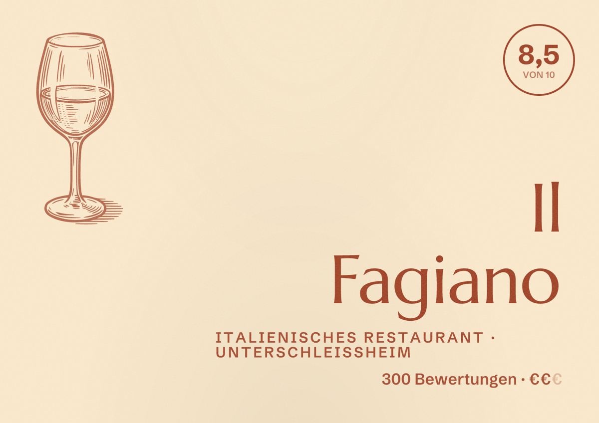 Illustriertes Poster von Il Fagiano, Italienisches Restaurant in Unterschleißheim: Bewertung 8,5 von 10 aus 300 Bewertungen, Preisniveau €€