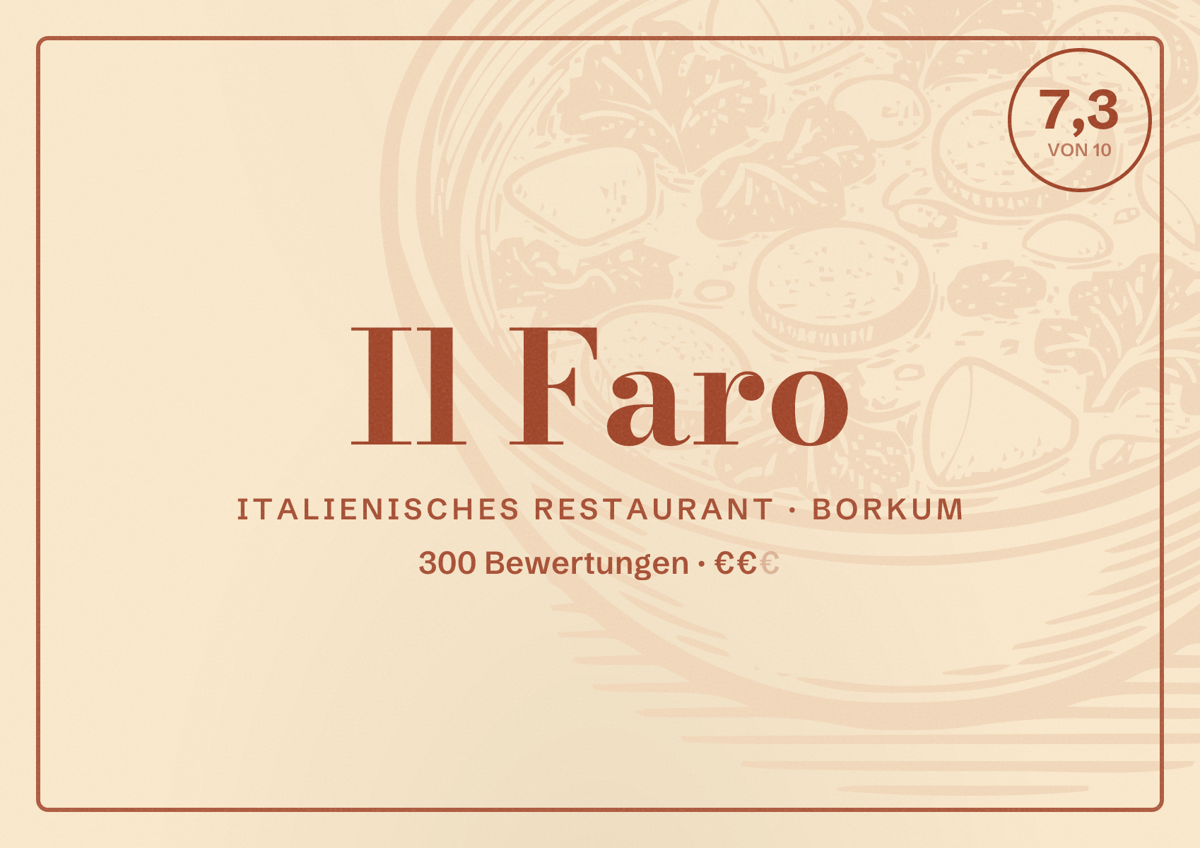 Illustriertes Poster von Il Faro, Italienisches Restaurant in Borkum: Bewertung 7,3 von 10 aus 300 Bewertungen, Preisniveau €€