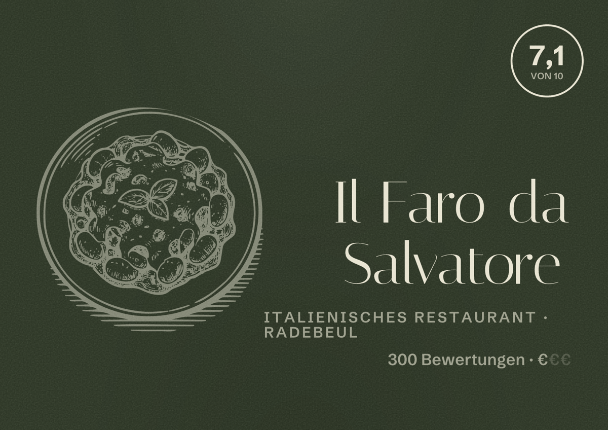 Illustriertes Poster von Il Faro da Salvatore, Italienisches Restaurant in Radebeul: Bewertung 7,1 von 10 aus 300 Bewertungen, Preisniveau €
