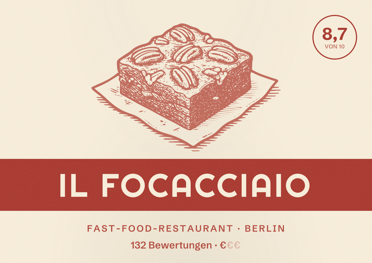 Illustriertes Poster von Il Focacciaio, Fast-Food-Restaurant in Berlin: Bewertung 8,7 von 10 aus 132 Bewertungen, Preisniveau €
