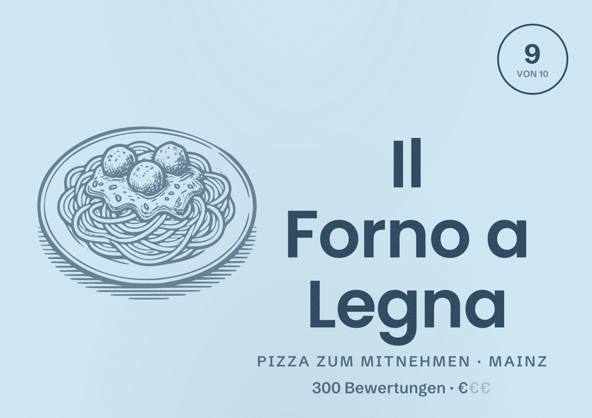 Illustriertes Poster von Il Forno a Legna, Pizza zum Mitnehmen in Mainz: Bewertung 9,0 von 10 aus 300 Bewertungen, Preisniveau €
