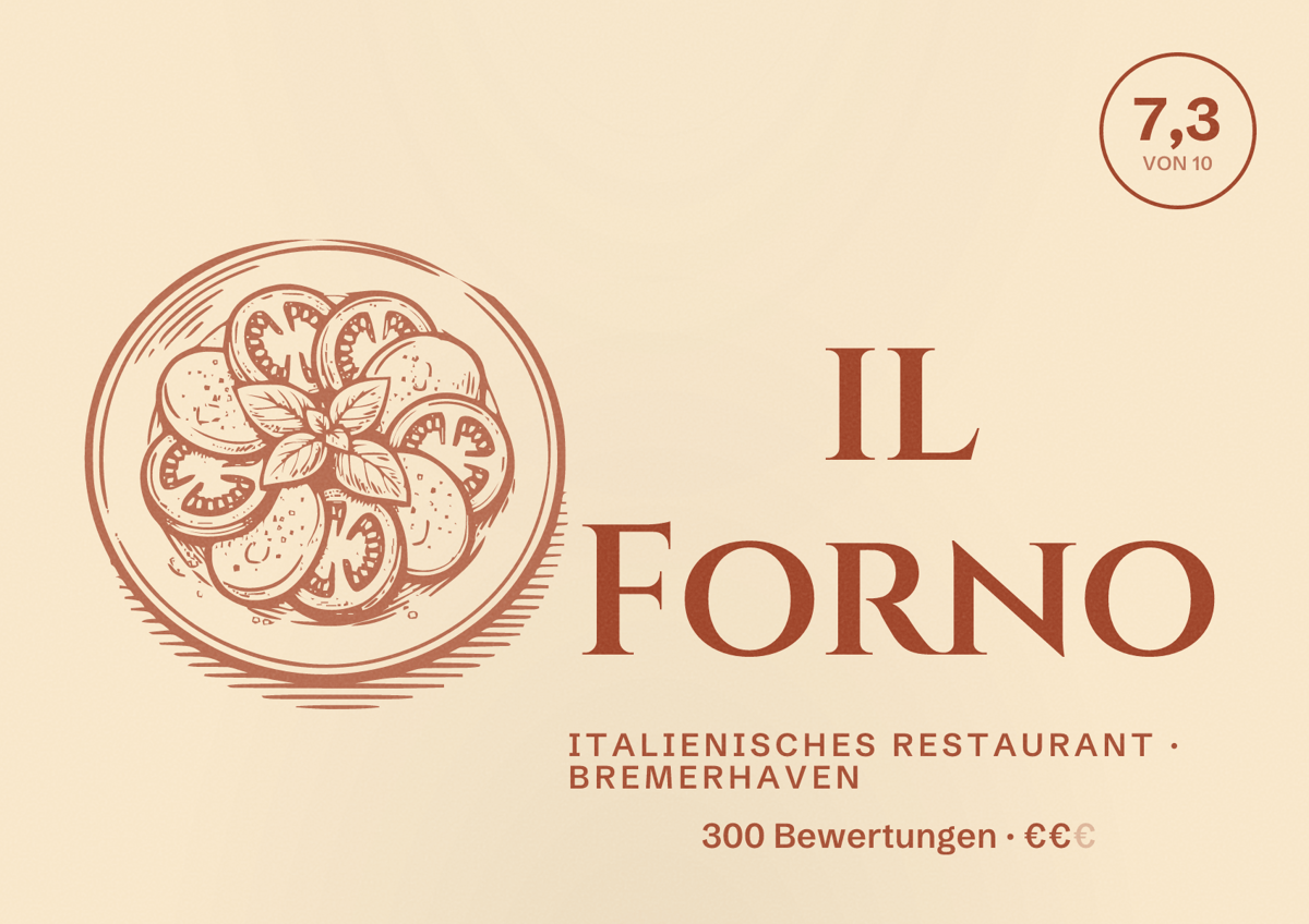 Illustriertes Poster von il Forno, Italienisches Restaurant in Bremerhaven: Bewertung 7,3 von 10 aus 300 Bewertungen, Preisniveau €€