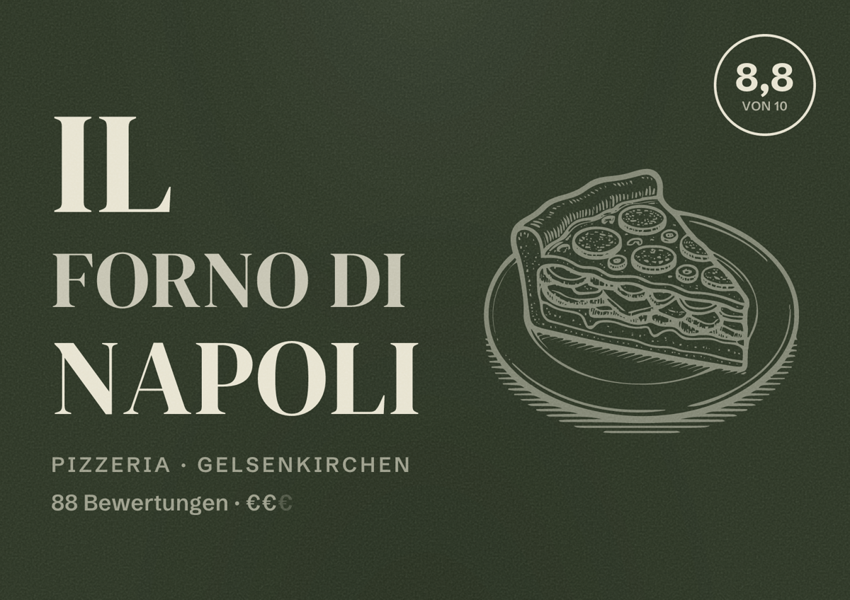 Illustriertes Poster von Il Forno di Napoli, Pizzeria in Gelsenkirchen: Bewertung 8,8 von 10 aus 88 Bewertungen, Preisniveau €€