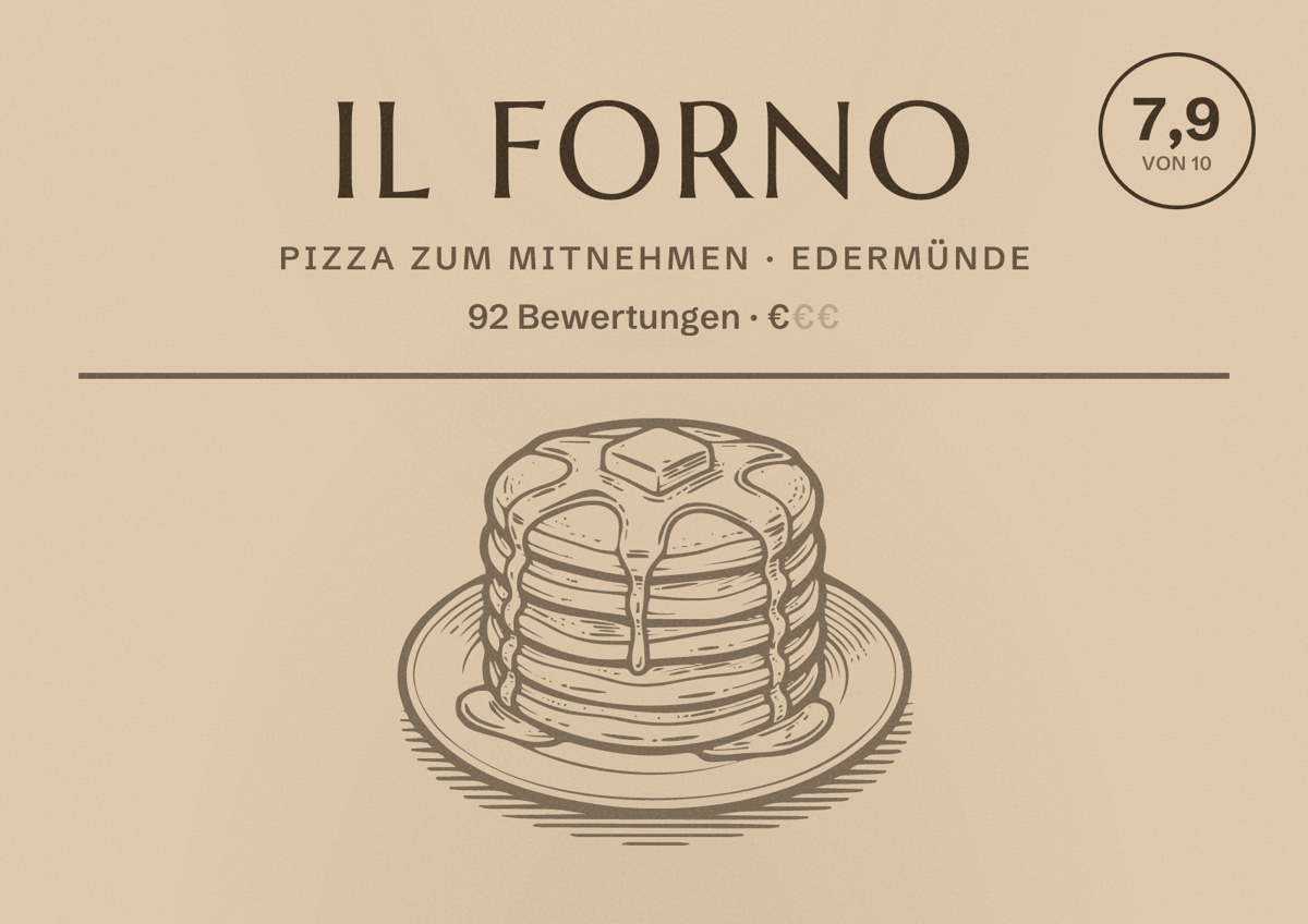 Illustriertes Poster von IL Forno, Pizza zum Mitnehmen in Edermünde: Bewertung 7,9 von 10 aus 92 Bewertungen, Preisniveau €
