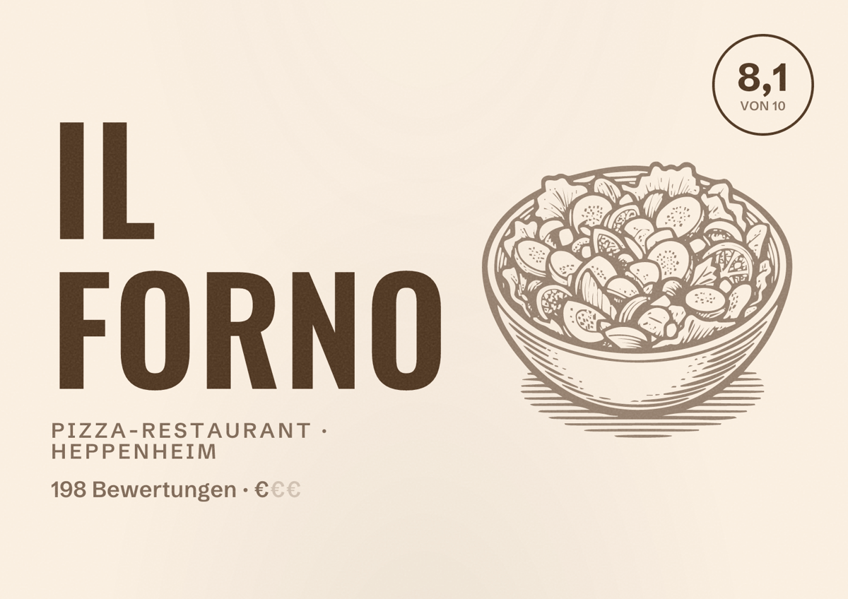 Illustriertes Poster von Il Forno, Pizza-Restaurant in Heppenheim: Bewertung 8,1 von 10 aus 198 Bewertungen, Preisniveau €