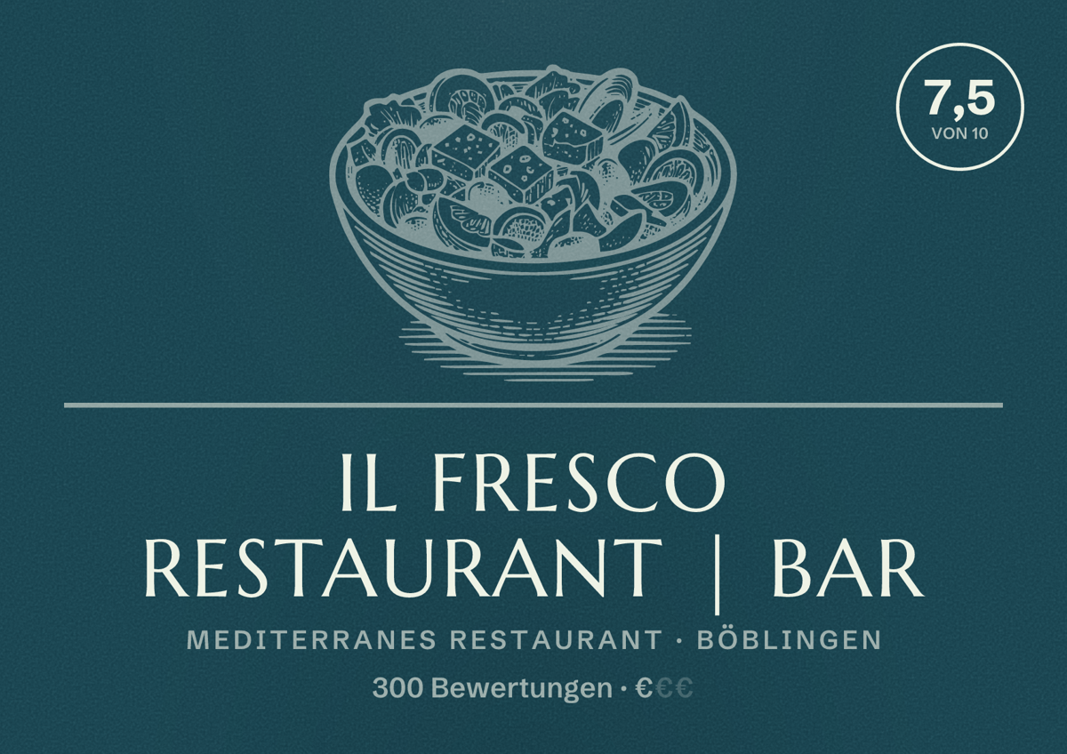 Illustriertes Poster von IL Fresco Restaurant | Bar, Mediterranes Restaurant in Böblingen: Bewertung 7,5 von 10 aus 300 Bewertungen, Preisniveau €